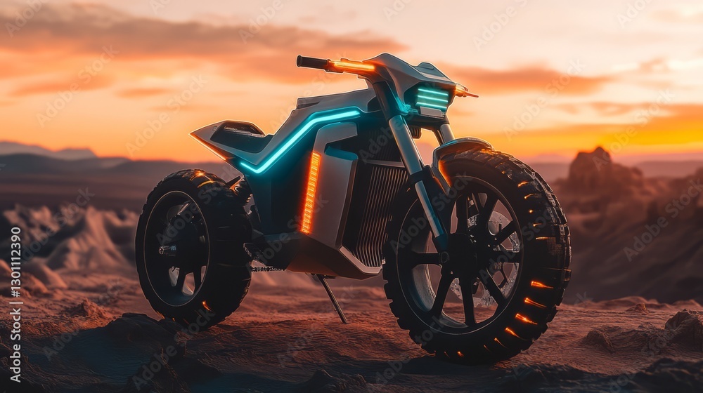Fototapeta premium Futuristic Motorcycle at Sunset in a Desert Landscape