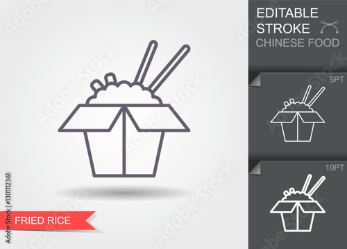 Chinese food take away box. Fried rice and chopsticks. Line icon with editable stroke. Vector Illustration