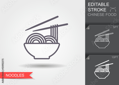 Bowl of chow mein noodles with chopsticks. Vector flat Illustration with long shadow