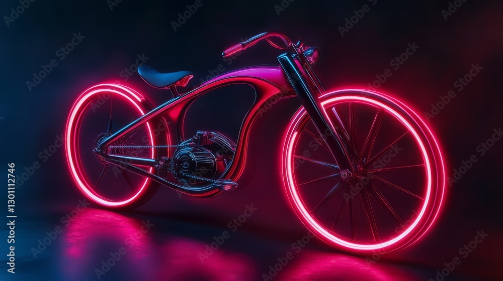 Fototapeta premium Futuristic Pink Neon Bicycle in Dark Studio