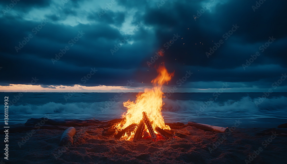 A campfire on the beach with waves crashing A campfire on the beach with waves crashing