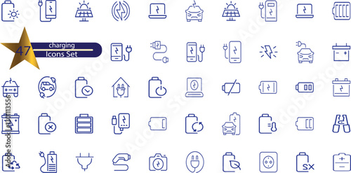 Charging icon set. Containing charge, battery,