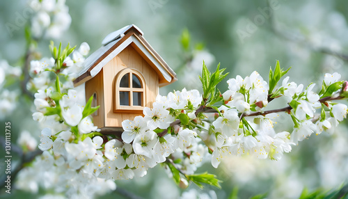 Bird house on branch, Wooden House Surrounded By Blossoms And Green Leaves