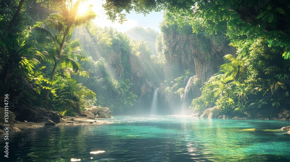 Tranquil Rainforest River, Sunlit Jungle Stream