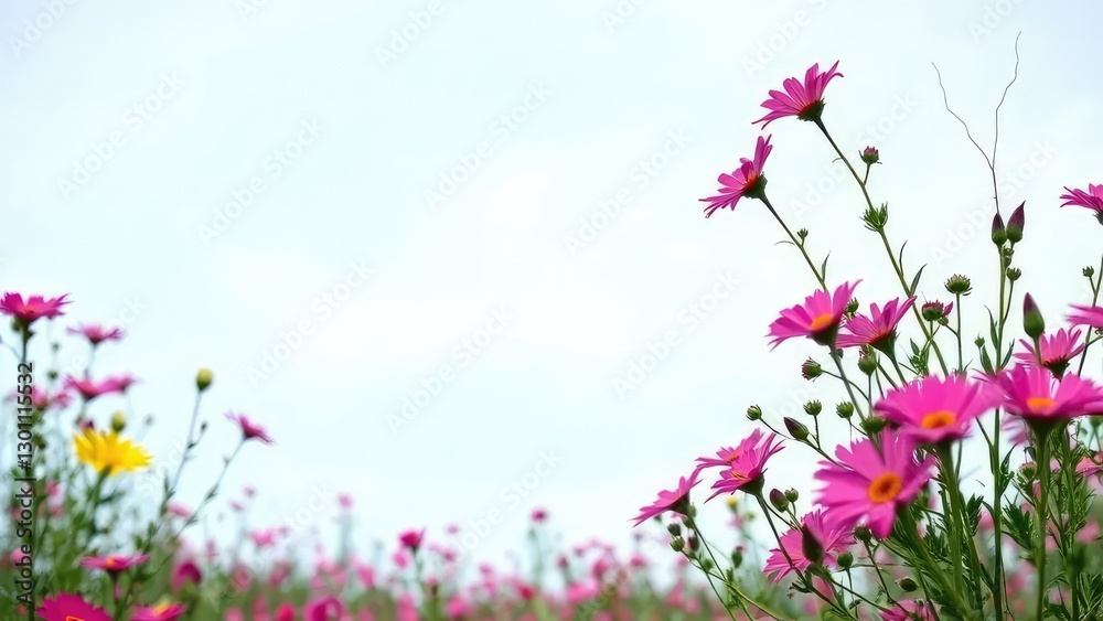 Aubrieta flowers in profusion against pale blue sky, natural, field, serene Aubrieta flowers in profusion against pale blue sky, natural, field, serene