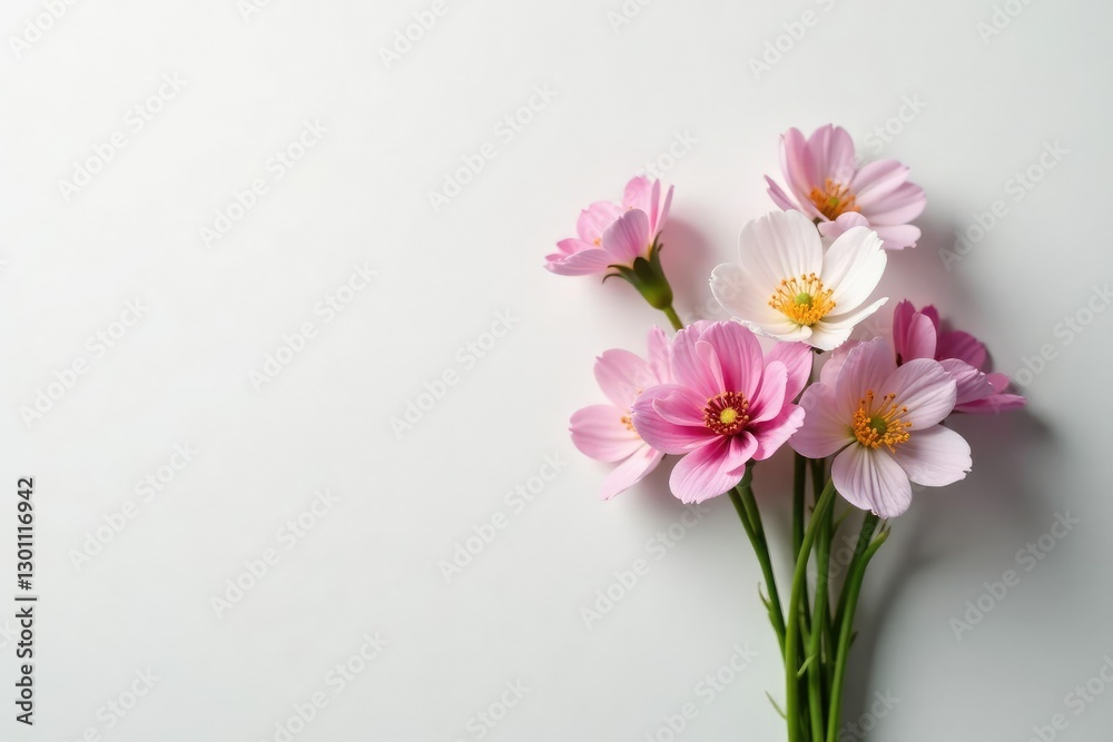 Fototapeta premium Freesia flowers in a loose bouquet on a soft white background with subtle grey undertones, soft focus, organic, whites