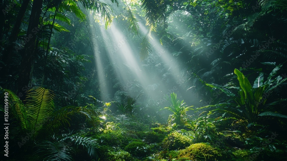 Lush Green Jungle with Mystical Fog and Sunligh Lush Green Jungle with Mystical Fog and Sunligh