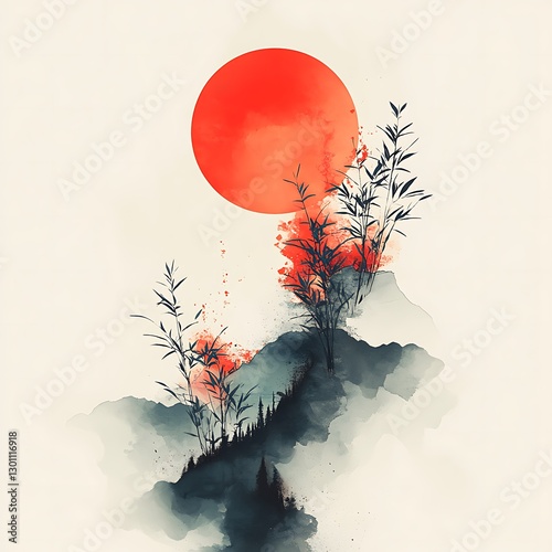 A bold red sun rises over mountain landscape with bamboo