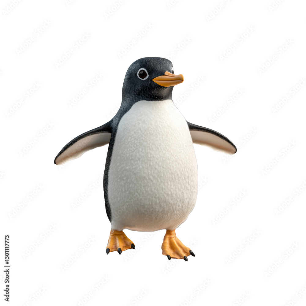 Obraz premium A cartoon penguin with a friendly expression stands with its arms open, appearing ready for a hug, against a transparent backdrop