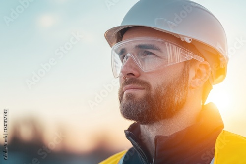 safety specialist wearing protective gear stands confidently with blurred background conveying professionalism and photo