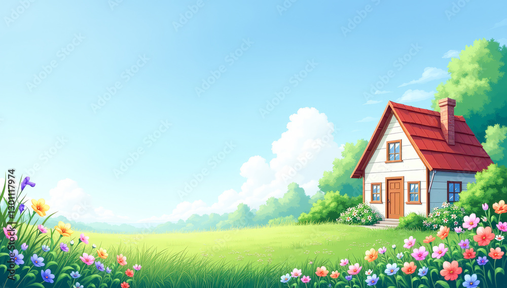 Fototapeta cartoon fairy tale house in a meadow with flowers