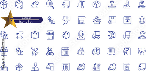 Delivery boxes and package, thin line icon set