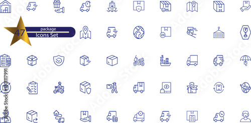 Delivery boxes and package, thin line icon set