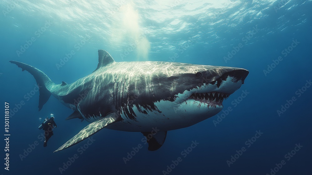 Fototapeta premium A diver swims close to a magnificent great white shark, showcasing the beauty of ocean life