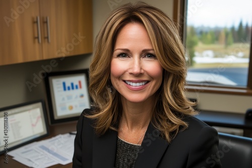 Free Download Professional Businesswoman Smiling Confidently in Modern Office with Laptop, Reports, and Graphs Displaying Key Metrics and Insights for Effective Decision Making - GFXLoad
