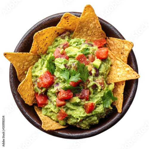 A Fresh Bowl of Guacamole with Tortilla Chips Isolated on Transparent Background