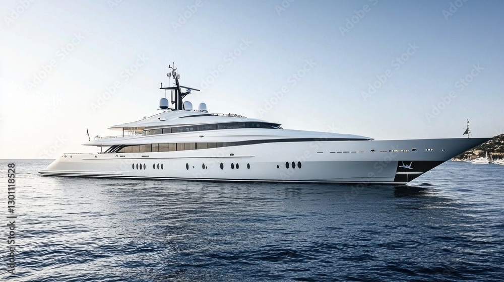 Luxury yacht gliding through calm waters in a serene coastal environment during sunset Luxury yacht gliding through calm waters in a serene coastal environment during sunset