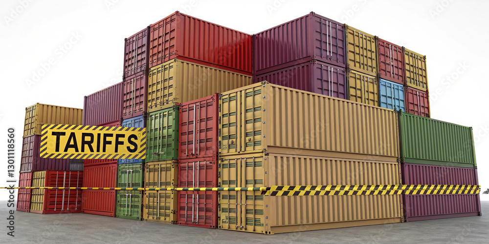 Shipping containers stacked with warning about tariffs, symbolizing trade Shipping containers stacked with warning about tariffs, symbolizing trade