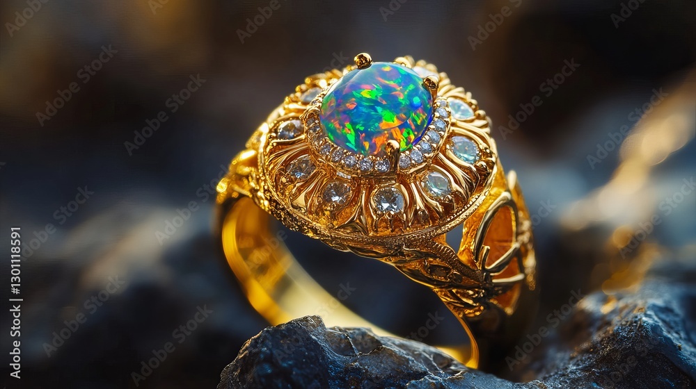 Naklejka premium Elegant Gold Opal Ring with Diamond Accents Exquisite Jewelry Photography Stunning Precious Gemstone Detailed Macro Shot Luxury Fashion Accessory High