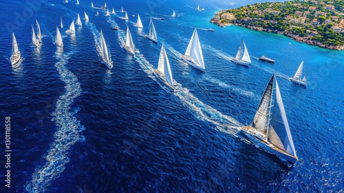 Sailboats glide through turquoise waters during a vibrant regatta near a coastal village