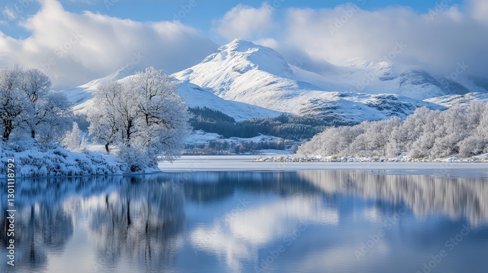 Fototapeta premium Stunning Winter Landscape Frozen Lake Majestic Mountain Snow Covered Trees Serenity Peaceful Nature Scene Breathtaking View Cold Winter Day Frosty 