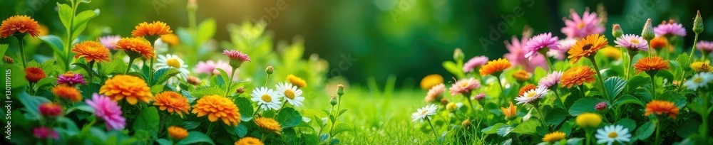 Lush greenery and flowers in a natural garden bed, flowers, foliage, nature Lush greenery and flowers in a natural garden bed, flowers, foliage, nature