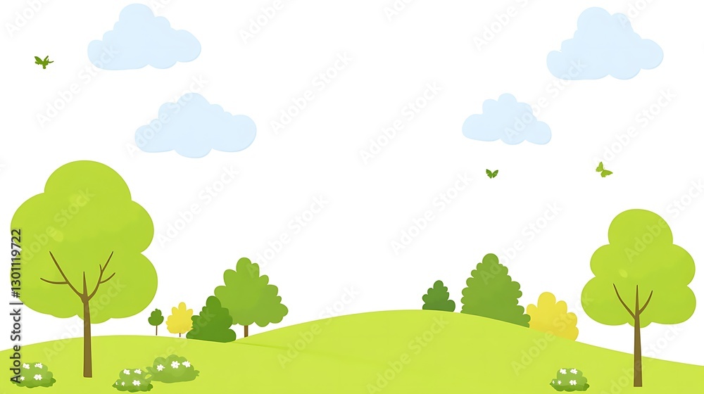 The green landscape shows trees shrubs clouds and butterflies The green landscape shows trees shrubs clouds and butterflies