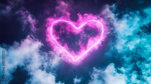 Glowing Neon Heart Shape in Vibrant Pink and Teal Cloudscape Romantic Sky Background