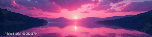 Pink sunset sky with stars and a crescent moon shining down on a peaceful lake, twilight hours, nature scenery, landscape photography
