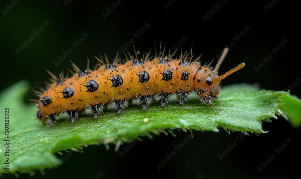 Orange Caterpillar with Black Dots on Green Leaf Orange Caterpillar with Black Dots on Green Leaf