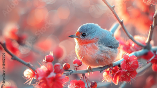 Zauberhafter Singvogel auf blühendem Zweig