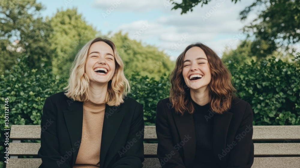 Fototapeta premium two friends sitting side by side on park bench their laughter capturing warmth of genuine companionship surrounded