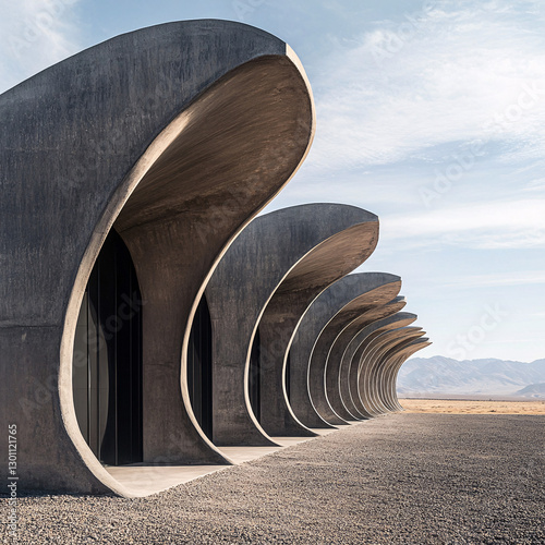 A monolithic retreat with curved concrete fins mimicking peacock feathers. Set on a windswept plain, its textured surfaces and shadows create a striking minimalist form.