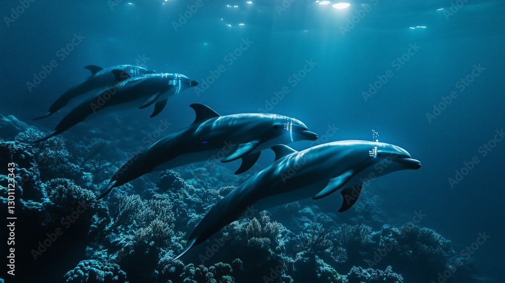 Fototapeta premium The Blue Symphony of Dolphins Chasing Waves