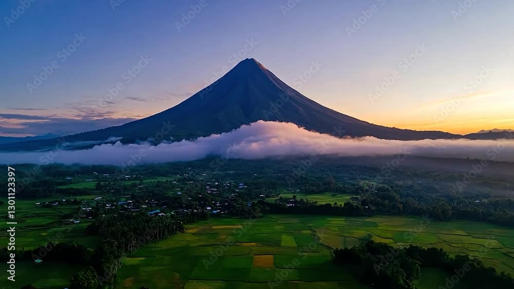 Majestic Volcano Over Misty Fields at Sunrise Majestic Volcano Over Misty Fields at Sunrise