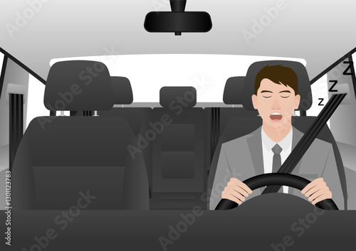 Sleepy Man. Man Sleepy While Driving. Driver Falling Asleep While Driving. Vector Illustration. 
