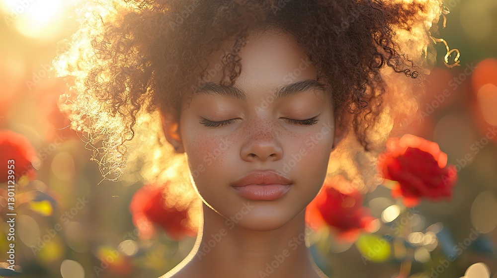 Fototapeta premium Young woman with closed eyes enjoying the fragrance of a red rose.