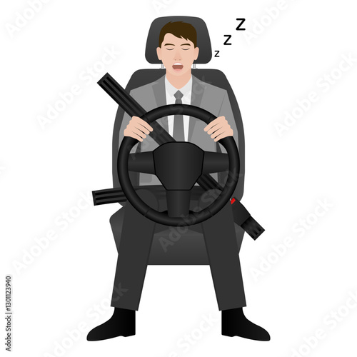 Sleepy Man. Man Sleepy While Driving. Driver Falling Asleep While Driving. Vector Illustration. 