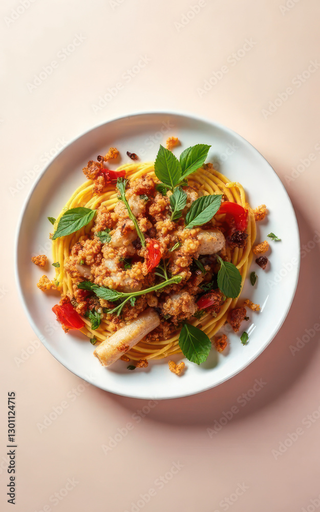Delicious Spicy Seafood Pasta Dish with Herbs and Crispy Croutons Top View Delicious Spicy Seafood Pasta Dish with Herbs and Crispy Croutons Top View