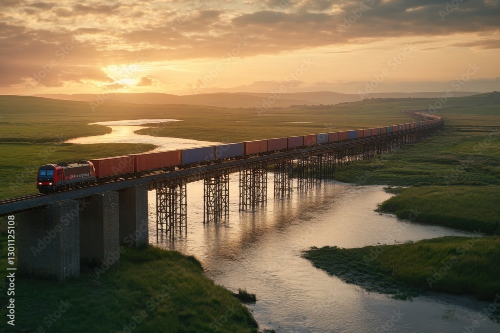 Obraz premium Breathtaking Aerial View of a Logistics Train Crossing a Vibrant Steel Bridge Over a Serene River at Sunset, Showcasing Colorful Cargo Containers