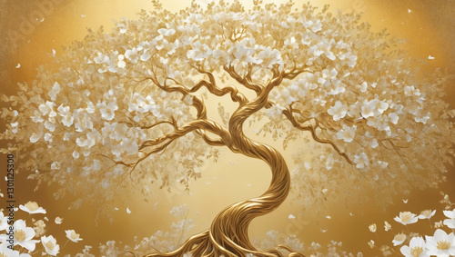 Golden Tree of Life with White Blossoms on Gradient Background. Generative AI
