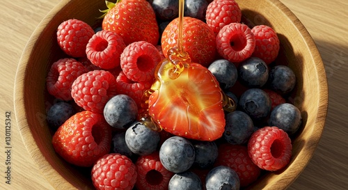 Honey Drizzled Berries Raspberries Strawberries Blueberries in Wooden Bowl