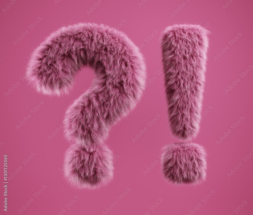 Fluffy exclamation and question mark. Set of fluffy pink marks. Fluffy 3d symbol Fluffy exclamation and question mark. Set of fluffy pink marks. Fluffy 3d symbol