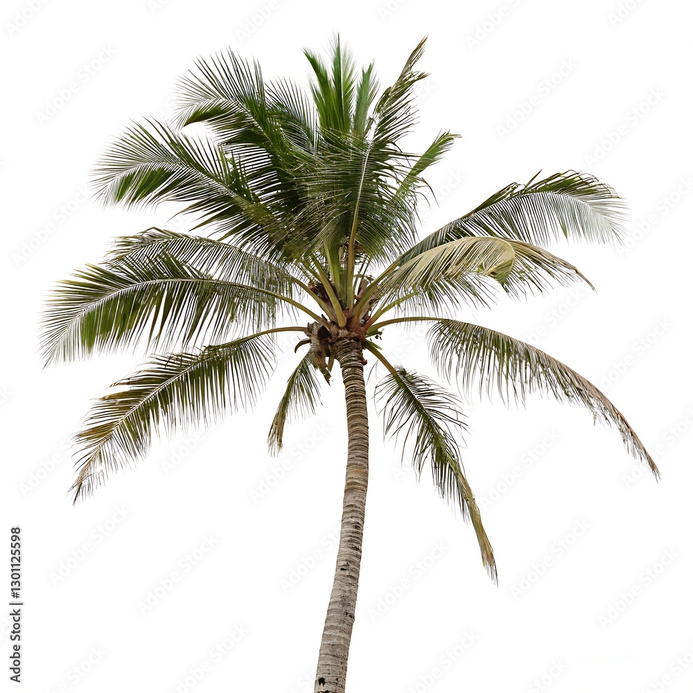 Exotic palm tree with large, vibrant leaves and a simple, elegant shape, captured against a clean white background to highlight its tropical appeal Exotic palm tree with large, vibrant leaves and a simple, elegant shape, captured against a clean white background to highlight its tropical appeal