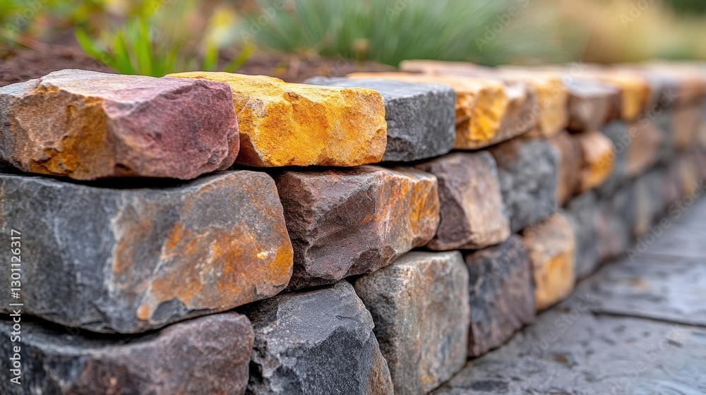 Colorful stone retaining wall, garden setting Colorful stone retaining wall, garden setting