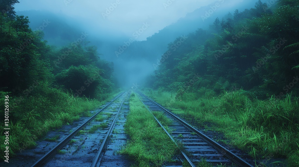 Fototapeta premium Serene Rainy Day: Foggy Railway Track Surrounded by Lush Greenery