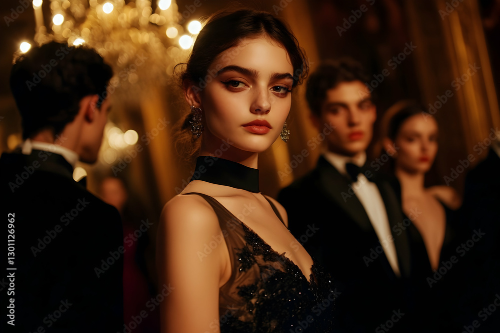 Elegant evening gathering showcasing fashion and sophistication in a luxuriously lit setting Elegant evening gathering showcasing fashion and sophistication in a luxuriously lit setting