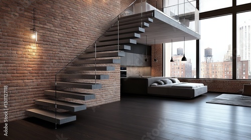 Modern loft apartment with glass staircase, city view