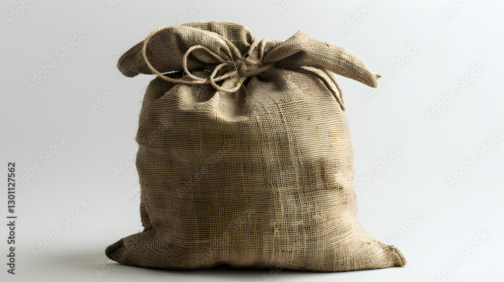 Rustic Burlap Sack Standing Upright on a Plain White Background - Agricultural and Storage Theme Rustic Burlap Sack Standing Upright on a Plain White Background - Agricultural and Storage Theme