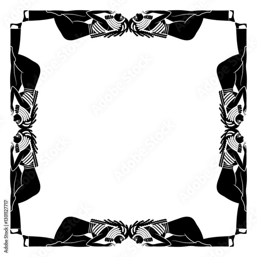 Square ethnic frame or rectangular border with prostrated ancient Egyptian women. Black and white silhouette.